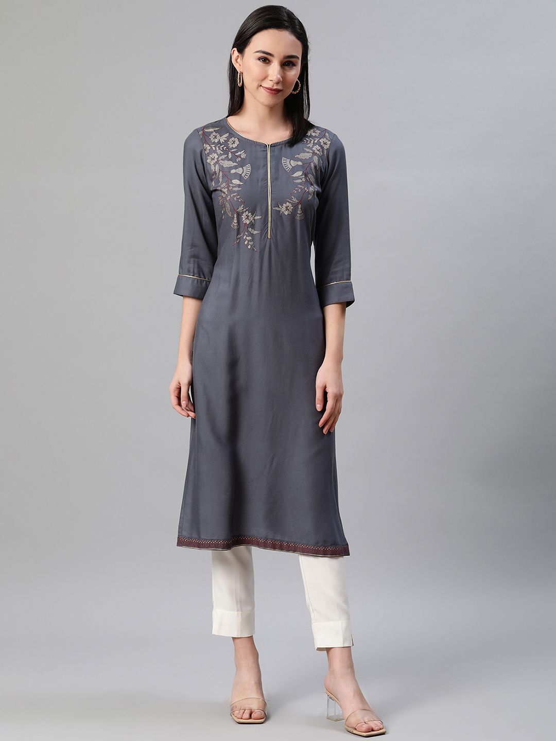 Women's Grey Color Foil Print Straight Kurta And Pant Set - Ziyaa