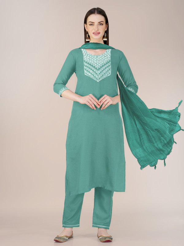 Women's Teal Cotton Blend Embroidery Kurta Pant Set - Malishka Export