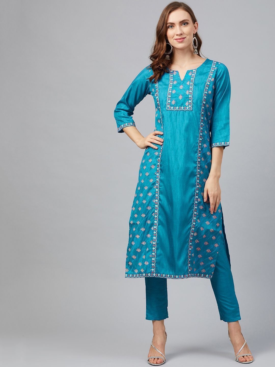 Women's Peacock Blue Poly Silk Khadi Straight Kurta With Pant Set - Ziyaa