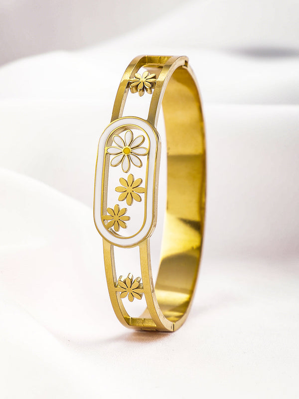 18KT Gold-Plated Stainless Steel Tarnish-Free Waterproof Floral Bangle-Style Bracelet