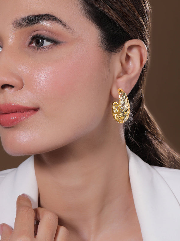 18K Gold Plated Openwork Leaf or Feather Motif Hoop Earrings