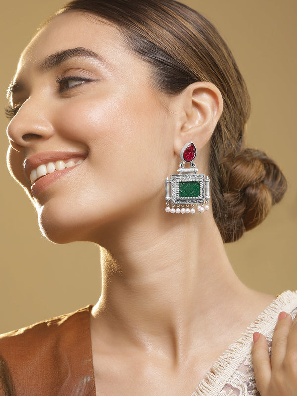 Oxidised Silver Plated Ruby Pink & Green Stone Studded with Pearl Beads Statement Earrings