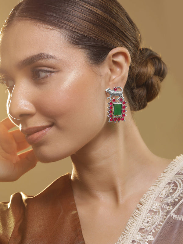 Oxidised Silver Plated Emerald & Zirconia Studded Tiger Motif Statement Drop Earrings