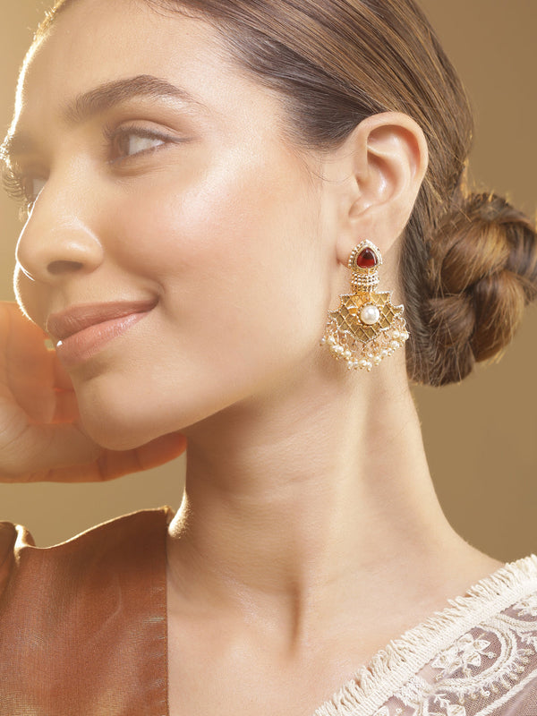 22K Gold Plated Ruby & Pearl Studded & Beaded Handcrafted  Traditional Chandbali Earrings