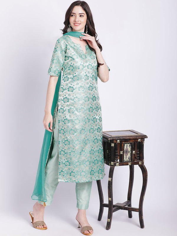 Women's Aqua Green Banarsi Straight Kurti With Pants And Chiffon Dupatta - Anokherang