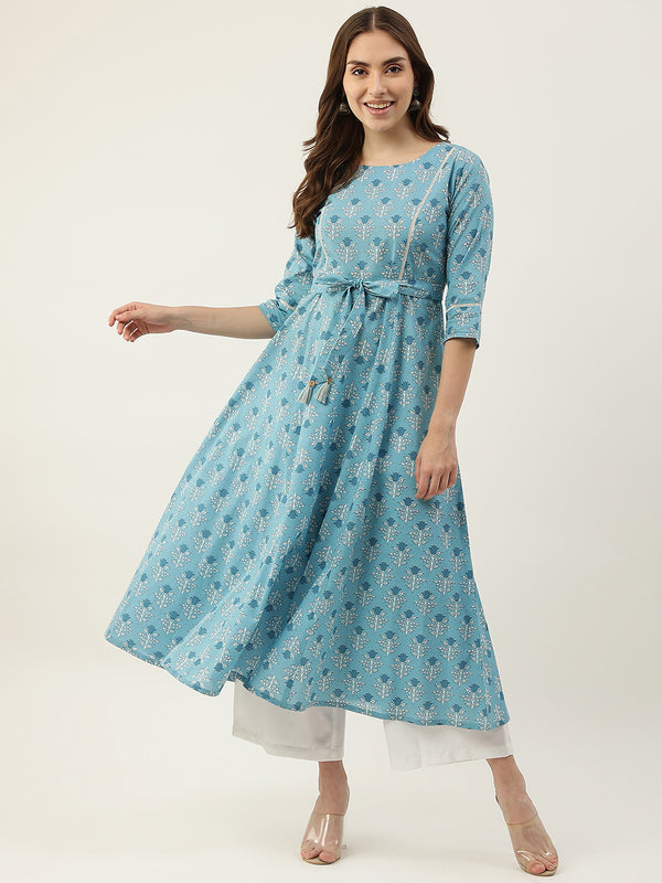 Sky Blue Cotton Floral Print Boat Neck Kurti