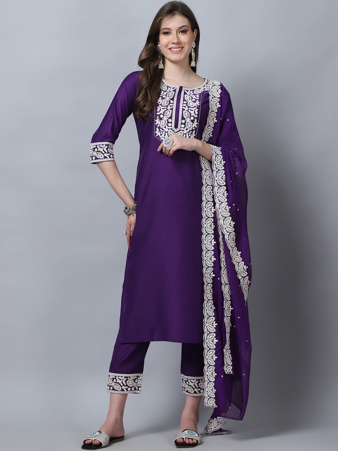 Women's Purple Silk Embroidery Kurti Pant With Dupatta - Alvami