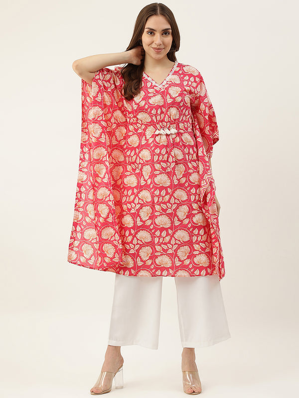 Red Cotton Printed V Neck Kurti