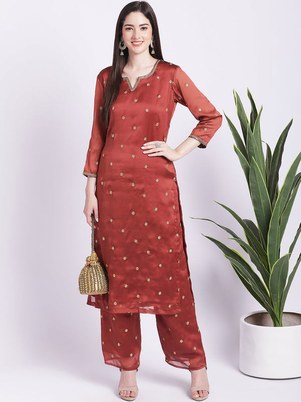 Women's Glam Rust Embroidered Kurti With Straight Palazzo - Anokherang