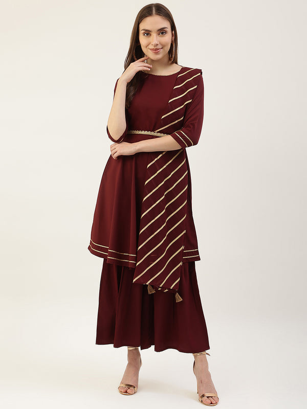 Maroon Poly Crepe Flared Printed Work Kurta Sets