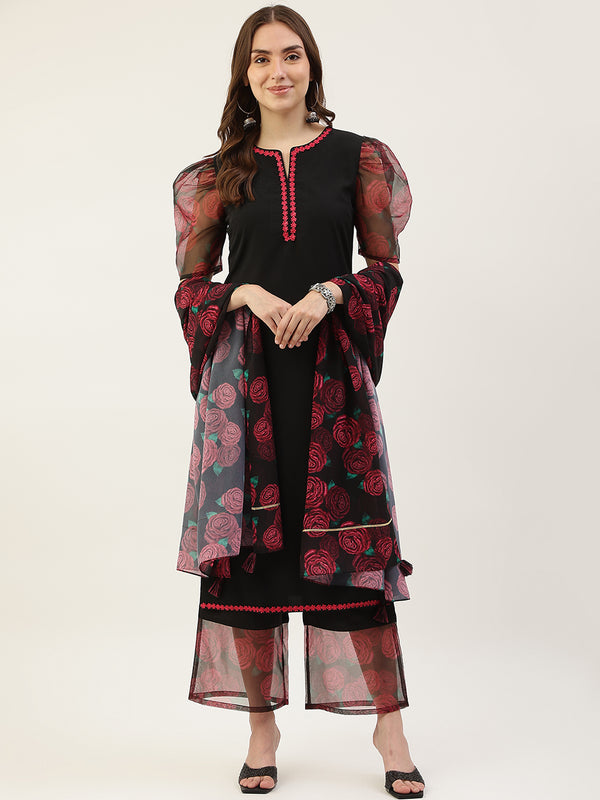 Black Crepe Straight Printed Work Kurta Sets