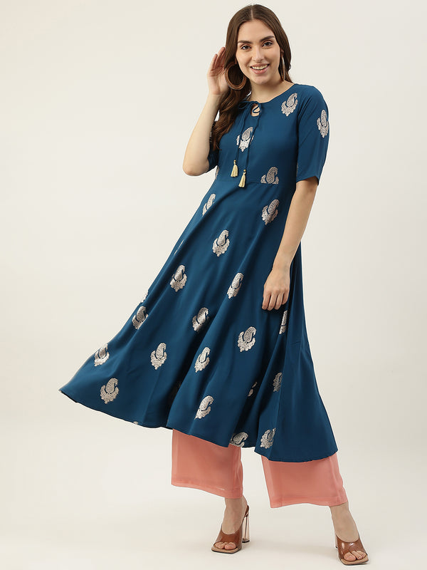 Blue Poly Crepe Paisely print Keyhole Neck Kurti