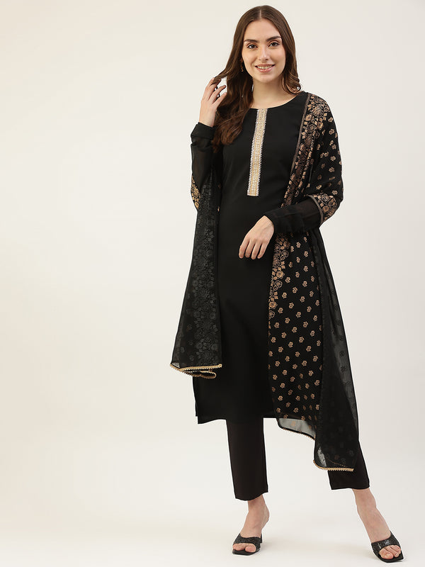 Black Poly Crepe Straight Printed Work Kurta Sets