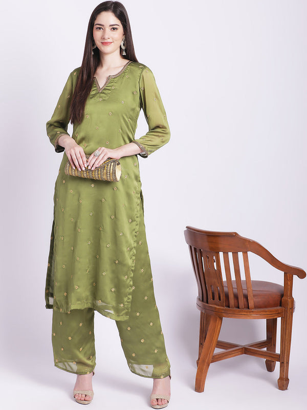 Women's Glam Green Embroidered Kurti With Straight Palazzo - Anokherang