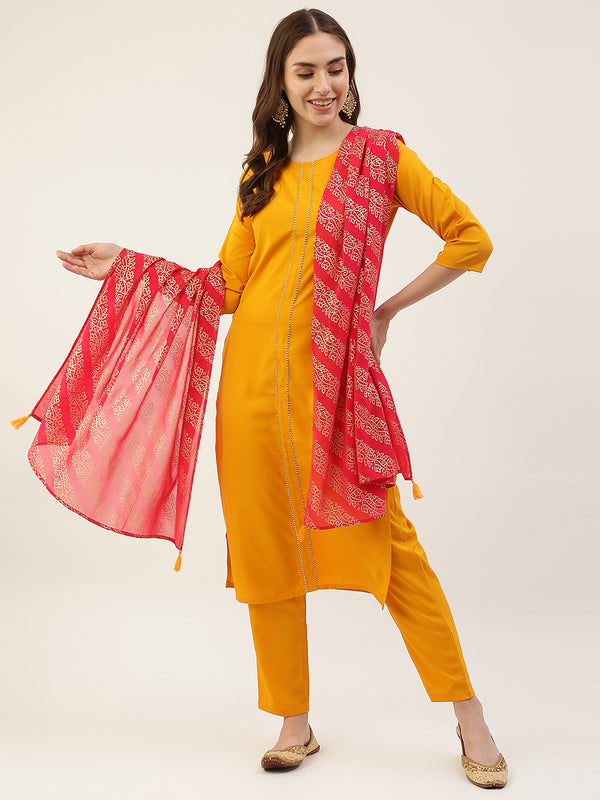 Yellow Poly Crepe Straight Lace Work Kurta Sets