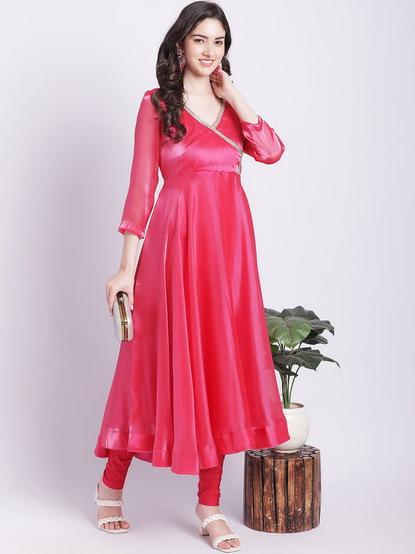 Women's Pink Dahlia Organza Anarkali With Churidar - Anokherang