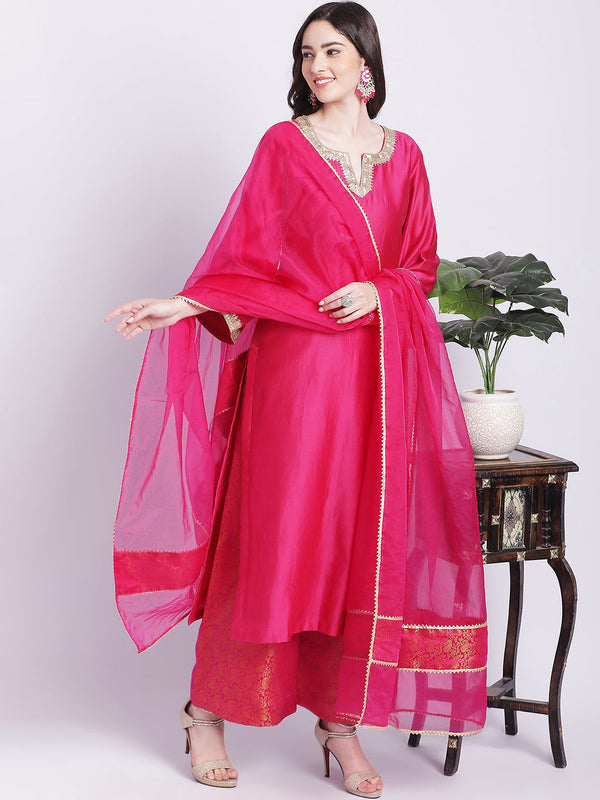 Women's Raani Pink Chanderi Kurti With Banarsi Palazzo And Organza Dupatta - Anokherang