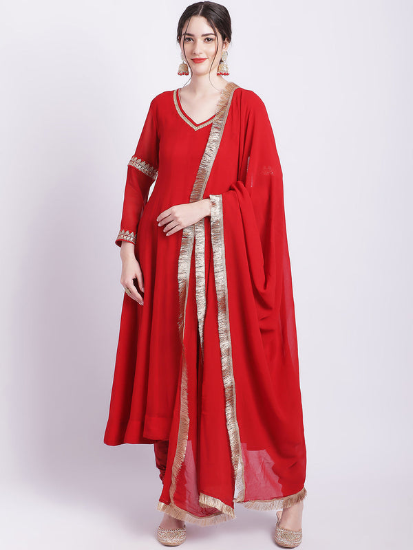 Women's Ruby Woo Georgette Border Anarkali With Churidar And Georgette Dupatta - Anokherang