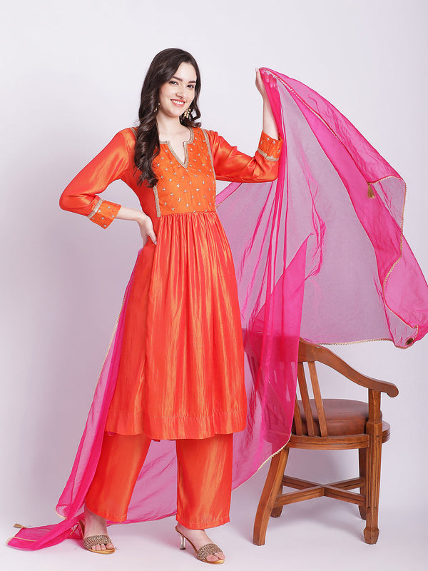 Women's Orange Punch A-Line Kurti With Straight Palazzo And Organza Dupatta - Anokherang