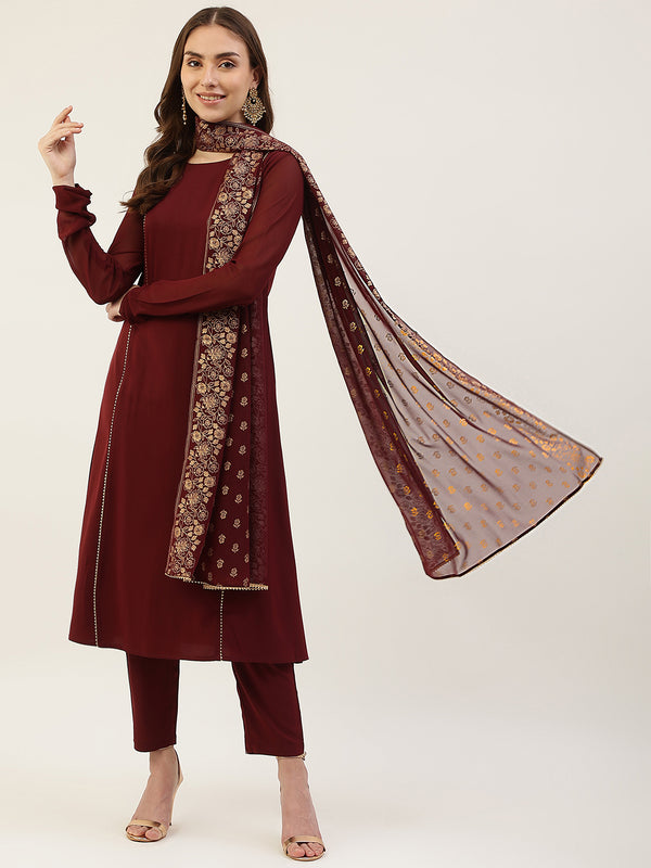 Maroon Poly Crepe Straight Printed Work Kurta Sets