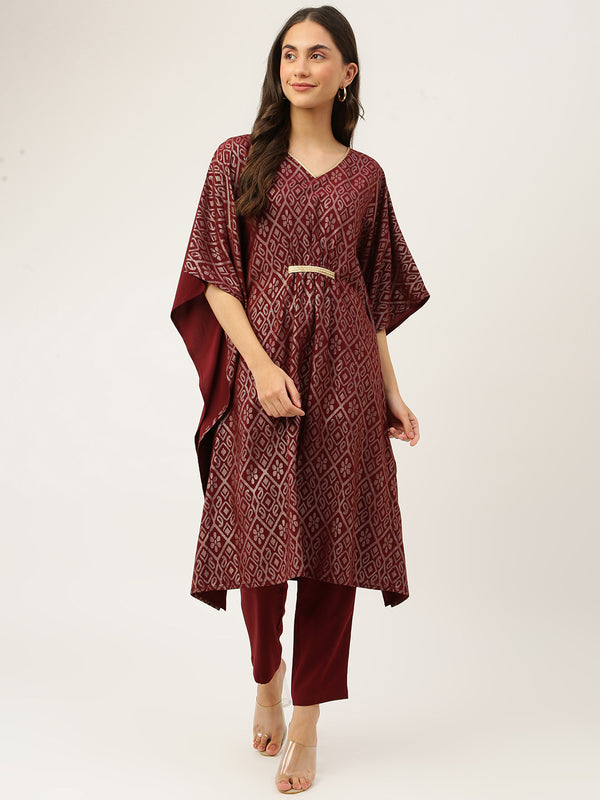 Maroon Poly Crepe Kaftan Kurta Printed Work Kurta Sets