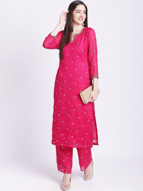 Women's Glam Pink Embroidered Kurti With Straight Palazzo - Anokherang