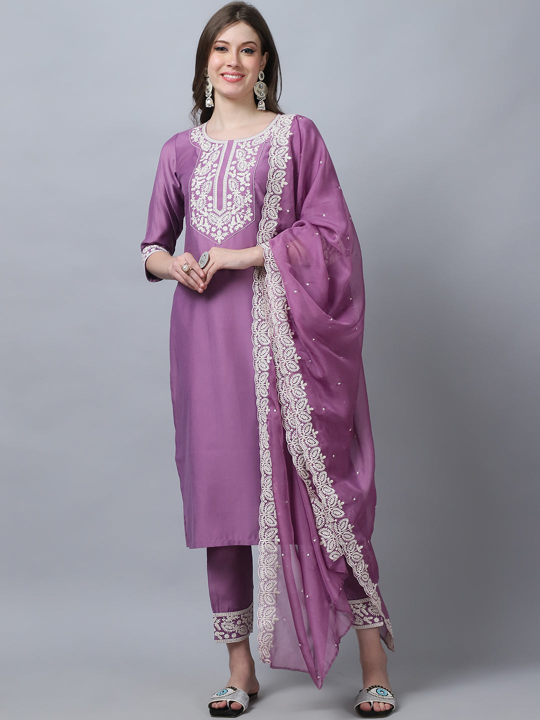 Women's Pink Silk Embroidery Kurti Pant With Dupatta - Alvami