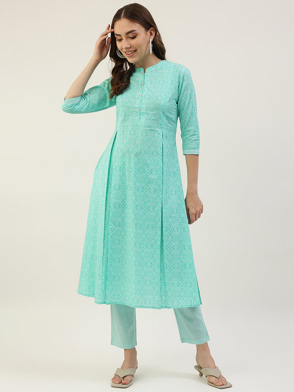 Sky Blue Cotton Straight Printed Work Kurta Sets