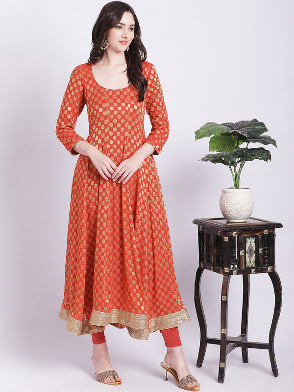 Women's Orange Banarsi Georgette Anarkali With Churidar - Anokherang