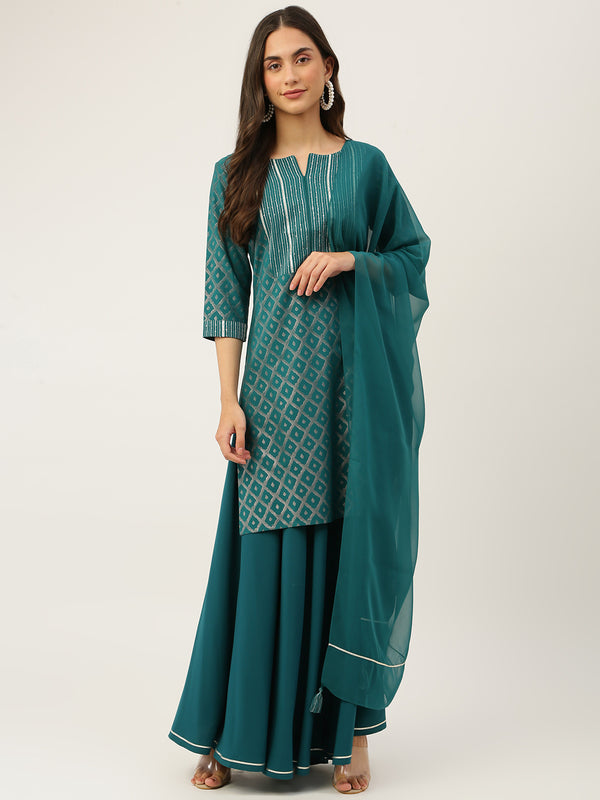 Teal Green Crepe Straight Printed Work Kurta Sets