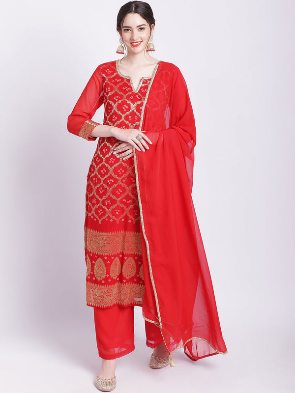 Women's Red Bandhej Bridal Kurti With Straight Palazzo Georgette Dupatta - Anokherang