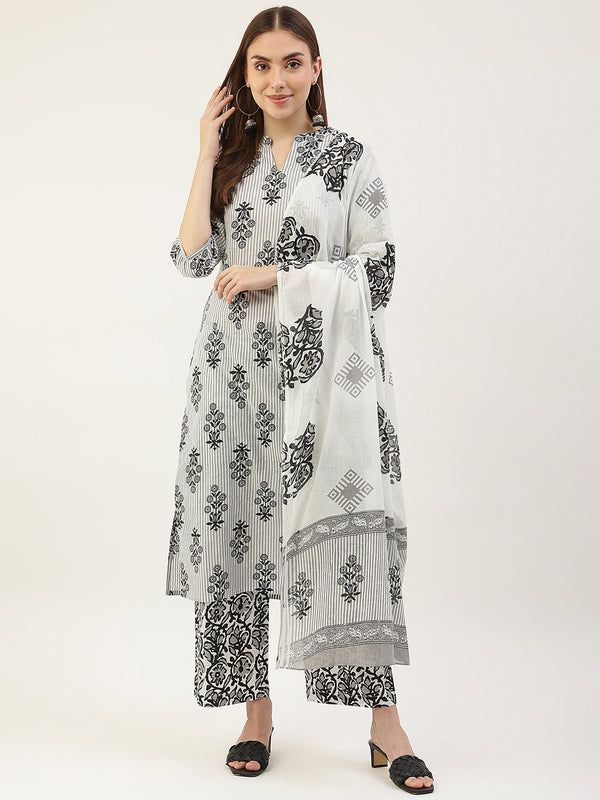 Black & White Cotton Straight Printed Work Kurta Sets