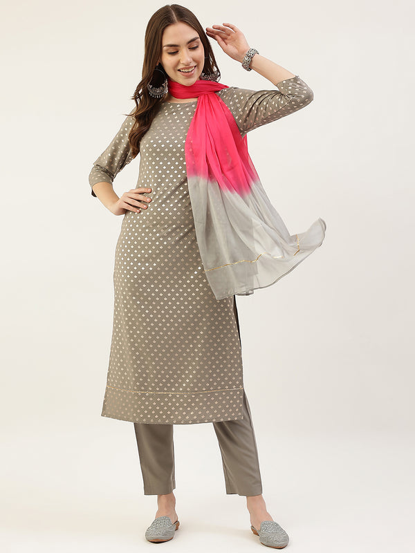 Grey Poly Crepe Straight Printed Work Kurta Sets