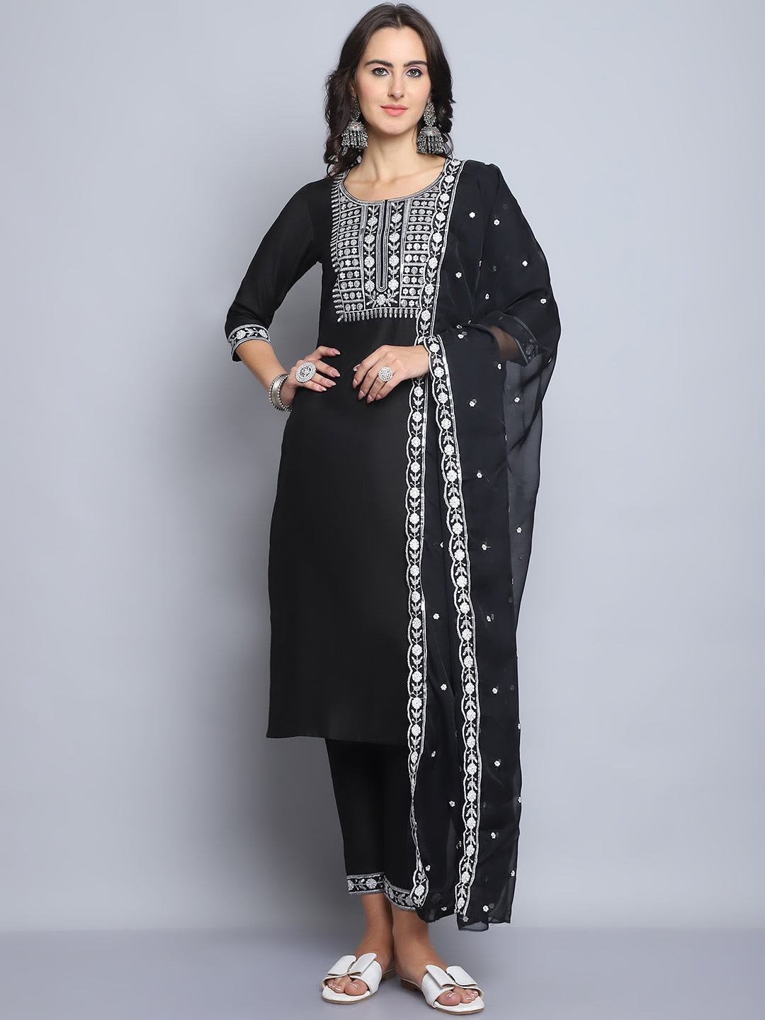 Women's Black Silk Embroidery Kurti Pant With Dupatta - Alvami