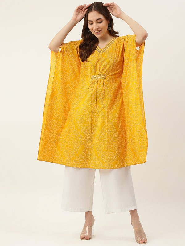 Yellow Cotton Printed V Neck Kurti