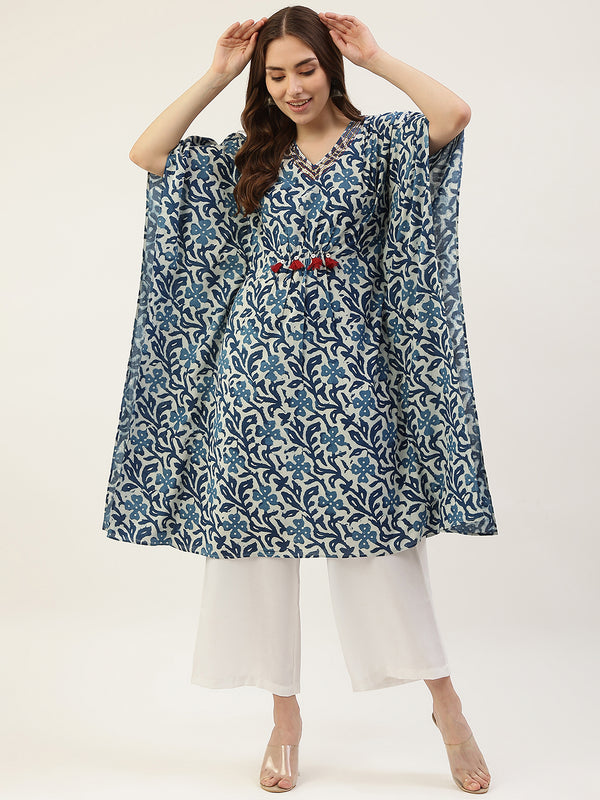 Blue Cotton Printed V Neck Kurti