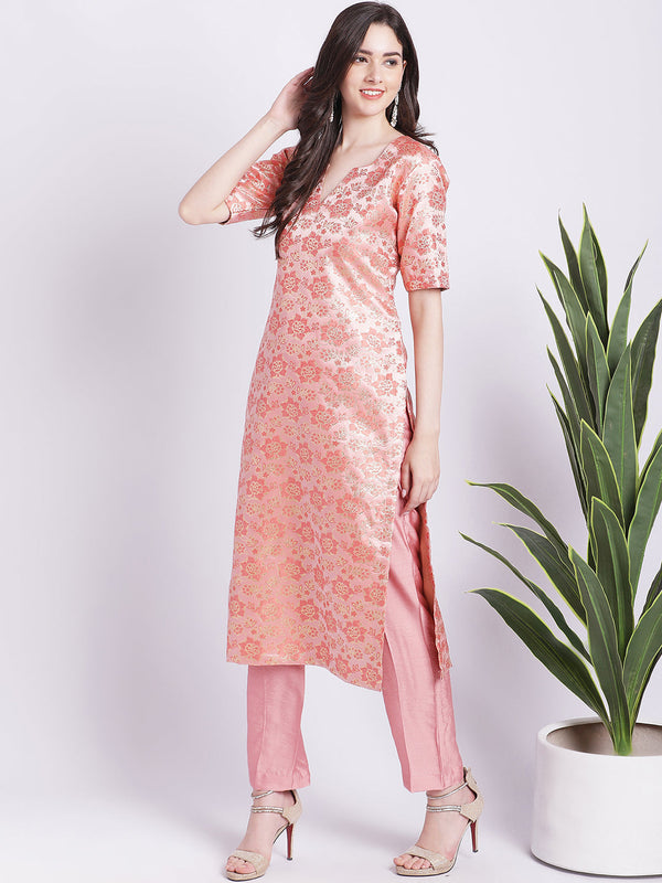 Women's Peach Banarsi Straight Kurti With Pants - Anokherang