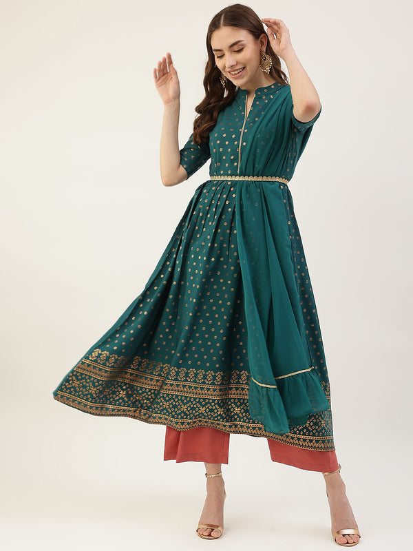 Turquise Poly Crepe Flared Lace Work Kurta Sets