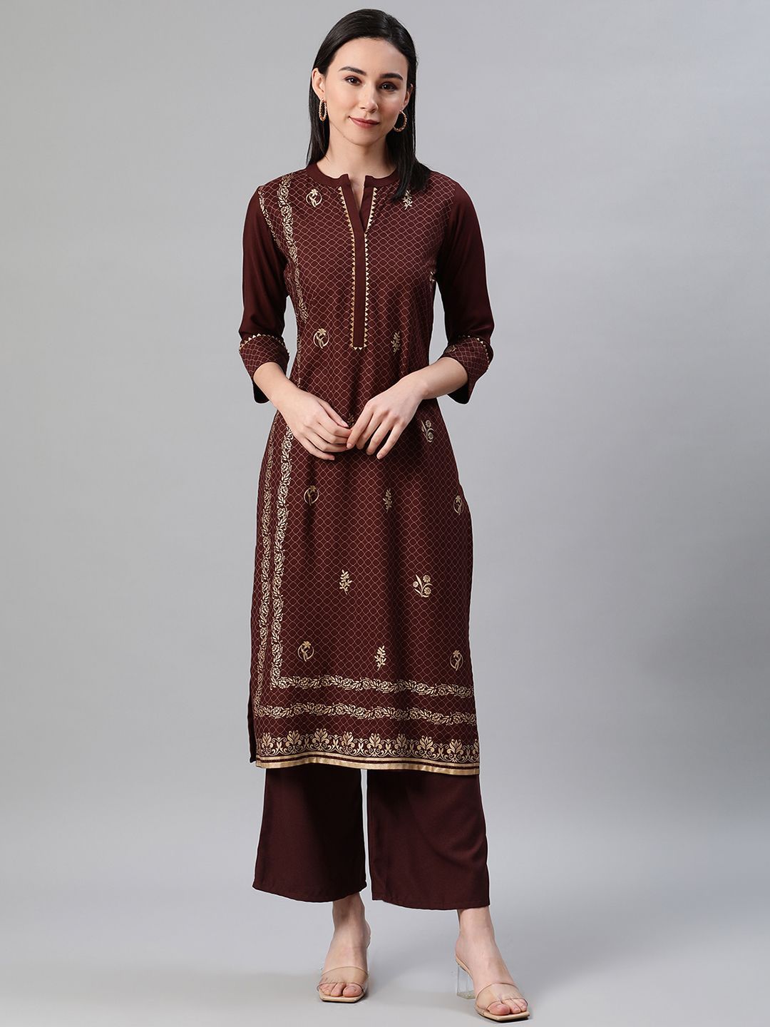 Women's Brown Color Foil Print Straight Kurta And Palazzo Set - Ziyaa