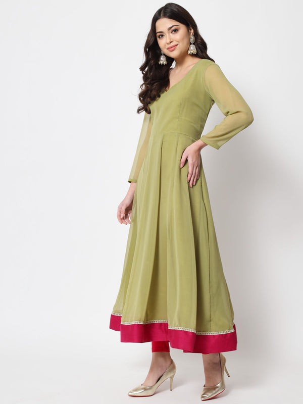 Women's Olive Green Georgette Anarkali With Churidaar - Anokherang