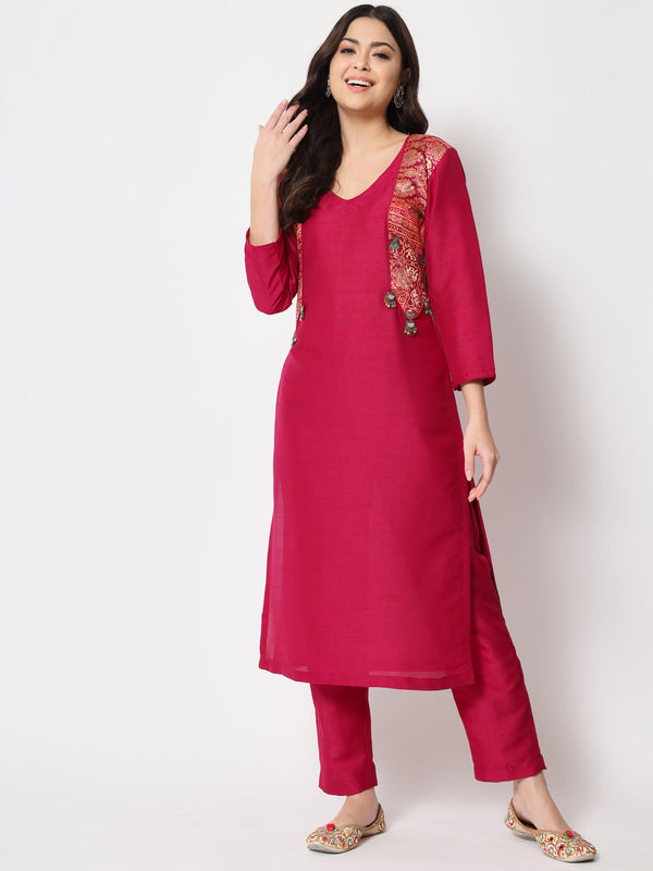 Women's Pink Jacket Style Straight Kurti With Pants - Anokherang