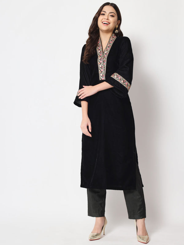 Women's Glamour Black Shawl Collar Kurti With Straight Pants - Anokherang