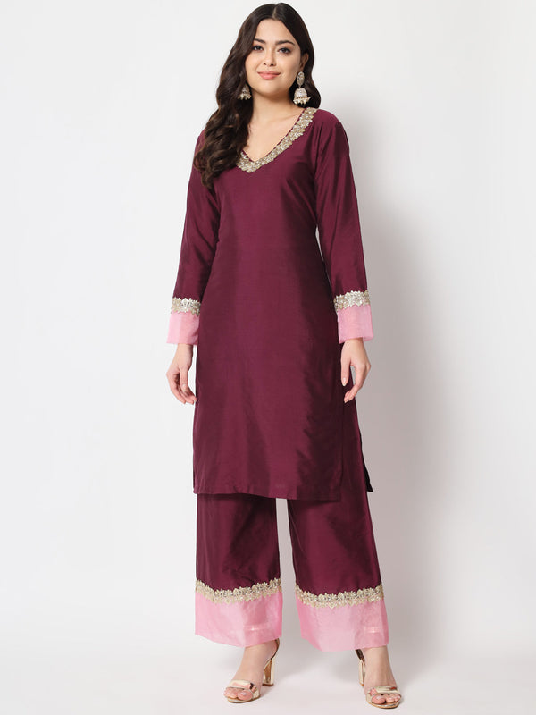 Women's Dazzling Wine Straight Kurti With Straight Palazzo - Anokherang