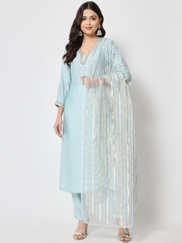 Women's Blue Smiles Straight Kurti With Pants And Dupatta - Anokherang