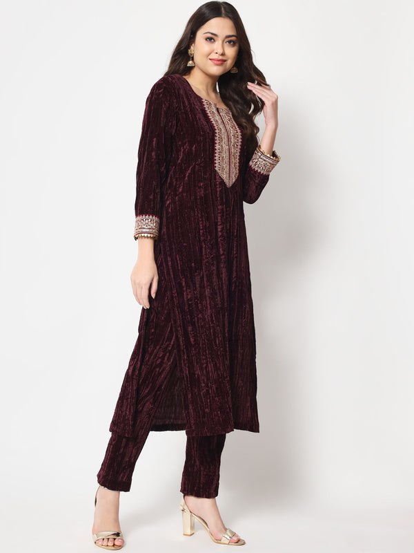 Women's Wine Love Velvet Straight Kurti With Pants - Anokherang