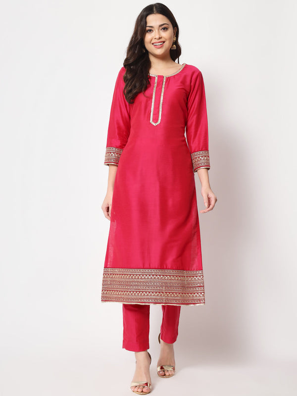 Women's Traditional Bridal Pink Embroidered Straight Kurti With Pants - Anokherang