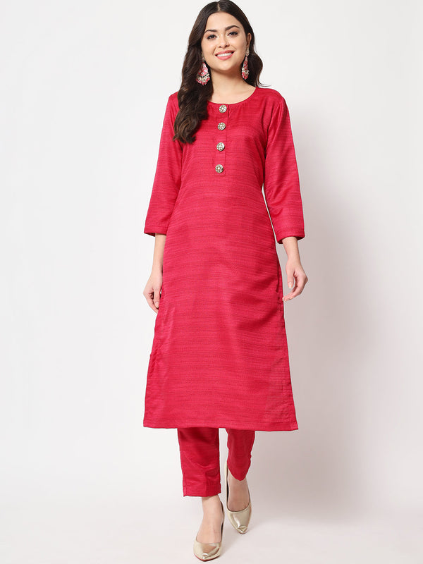 Women's Pink Kundan Silk Kurti With Straight Pants - Anokherang