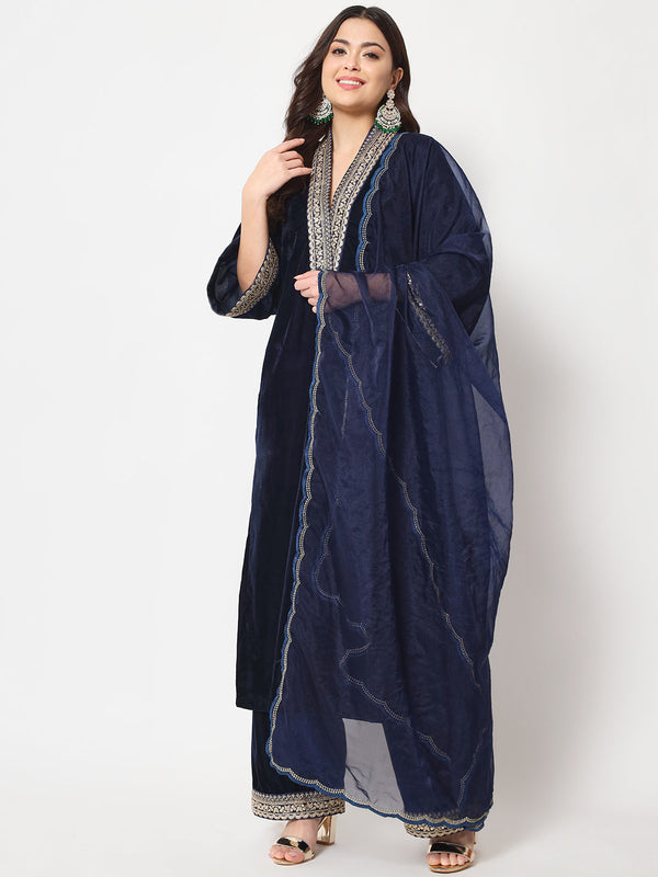 Women's Glamour Blue Shawl Collar Kurti With Straight Palazzo And Dupatta - Anokherang