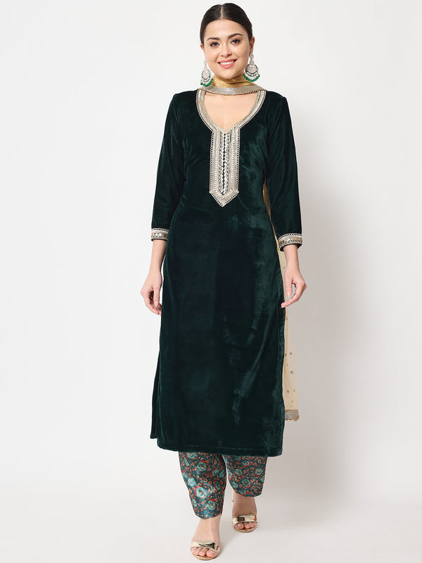 Women's Sweet Green Velvet Straight Kurti With Printed Salwar And Dupatta - Anokherang