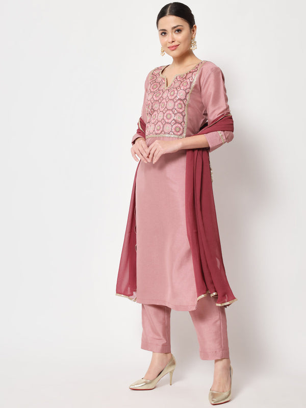 Women's Simple Mauve Sequin Embroidered Kurti With Straight Pants And Dupatta - Anokherang